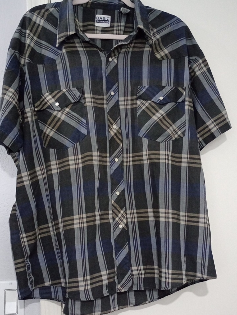 Basic Editions Mens Vintage 1980s Plaid/Preppy/Western/Pearl Button Detail XL